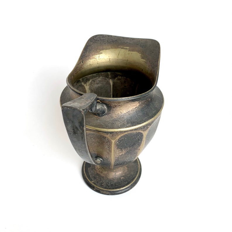 Vintage Metal Pitcher Handled Faceted Brass Patina Trophy Style Pitcher