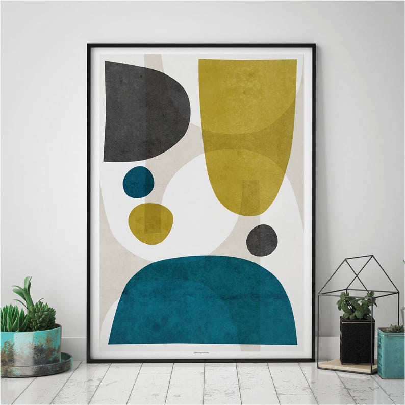 Mustard and Teal Abstract Living Room Wall Art Prints Fine