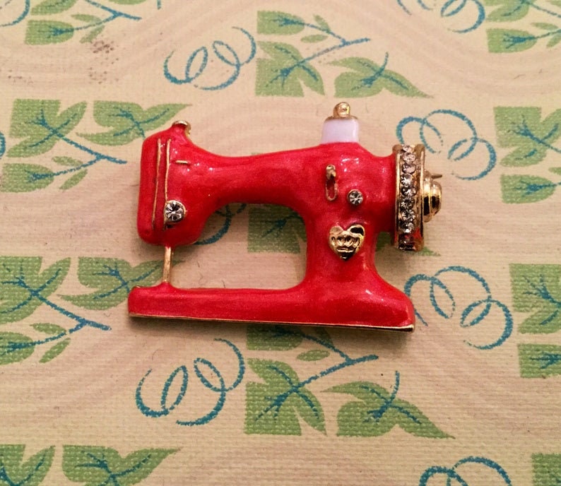 Sewing machine brooch black enamel with crystals pin Etsy