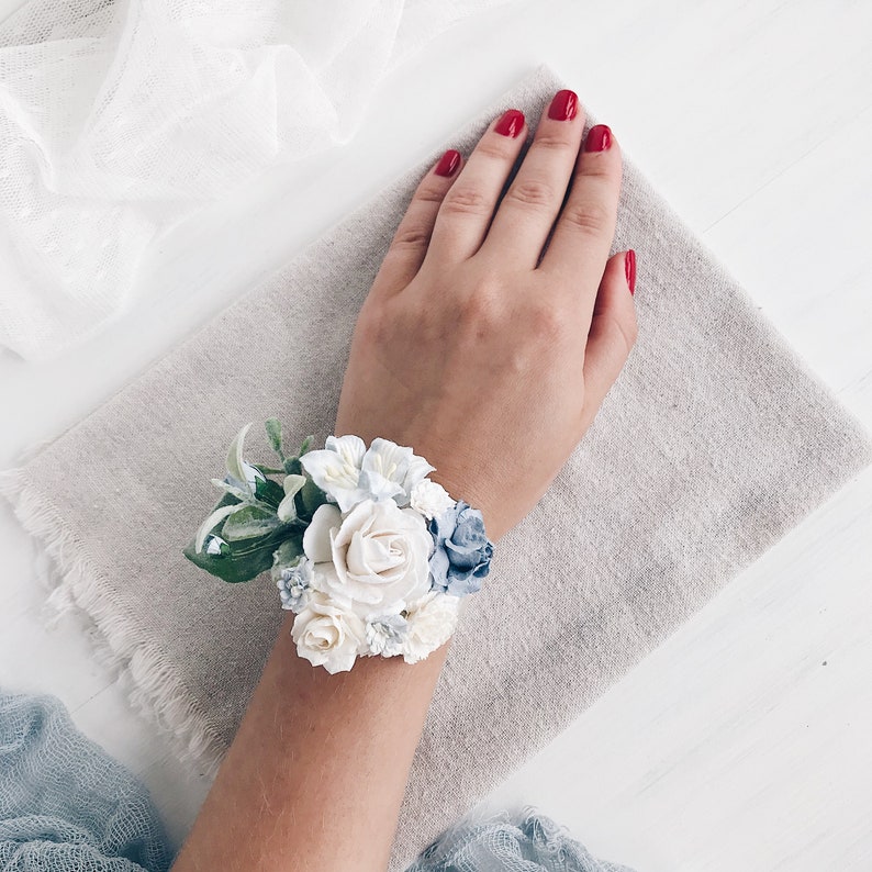 Blue Flower wrist corsage Blue Bridal bracelet bridesmaids | Etsy
