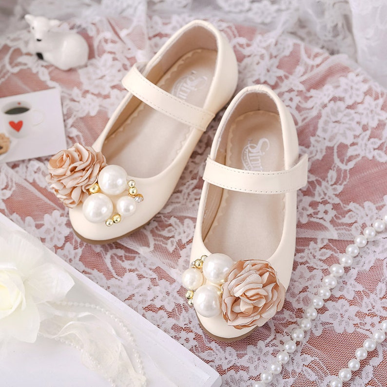 Leather Toddler Girl Shoes Peach Flowers Pearl Beads Floral Etsy