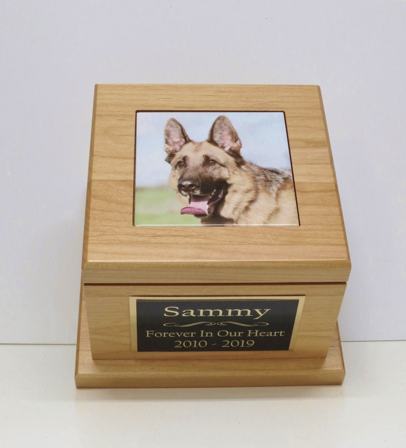Dog Photo Urn Pet Memorial Keepsake Cremation Urn Custom Photo Tile /& Personalized Tag Beautiful Red Alder Wood Urn Large Dog Urn to 100lb