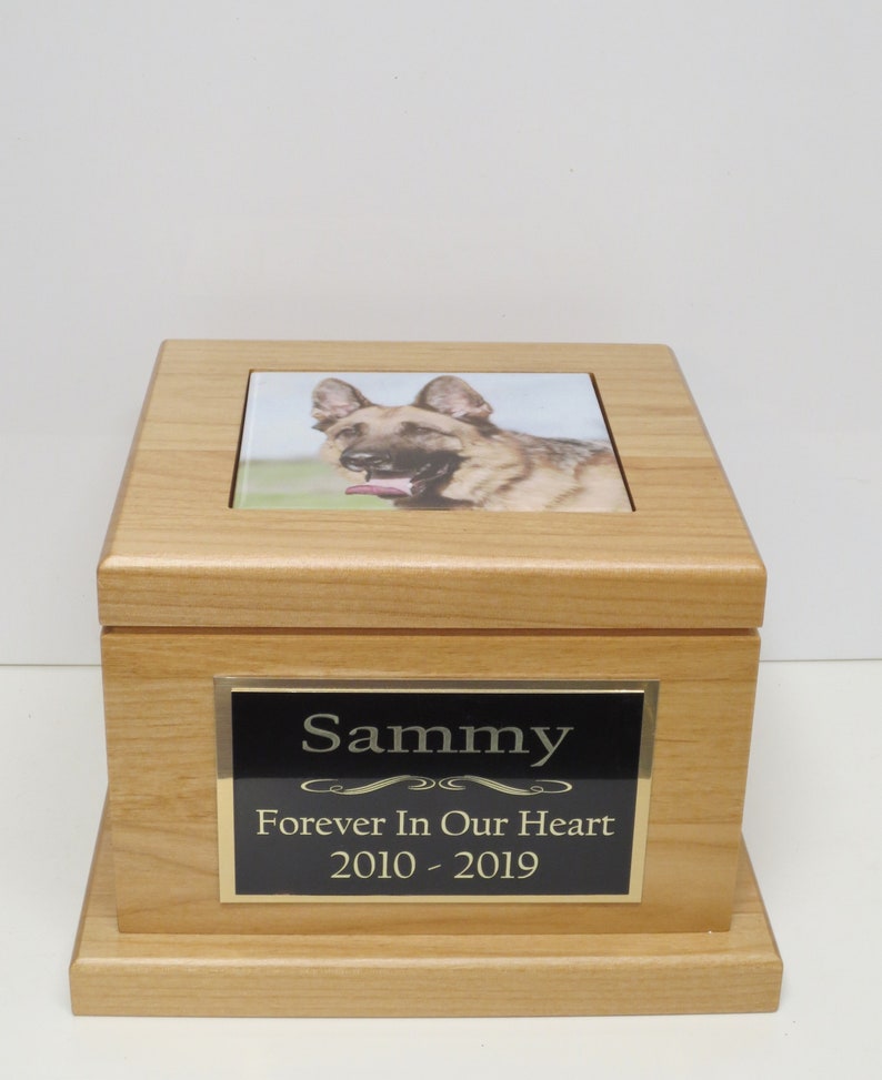 Dog Photo Urn Pet Memorial Keepsake Cremation Urn Custom Photo Tile /& Personalized Tag Beautiful Red Alder Wood Urn Large Dog Urn to 100lb