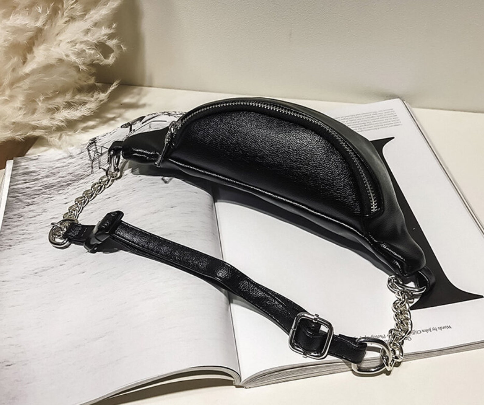 Nice Black pu leather Fanny Pack Waist Bag silver chain zipper | Etsy