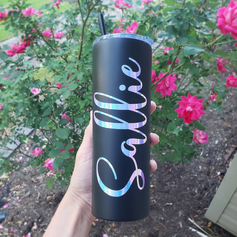 Black matte skinny tumbler Holographic vinyl personalized | Etsy