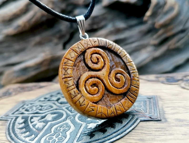 Triskelion Pendant With Runes Wood Pendant Necklace Handmade Carved On Walnut Wood Norse Viking Celtic Wood Jewelry