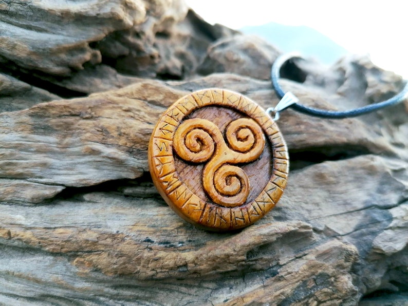 Triskelion Pendant With Runes Wood Pendant Necklace Handmade Carved On Walnut Wood Norse Viking Celtic Wood Jewelry