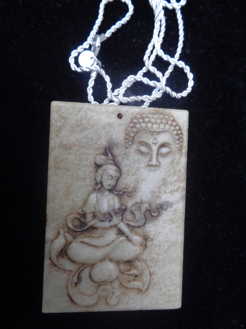 ANTIQUE GUAN YIN Plaque with Spirit of Buddha Ivory Jade image 6