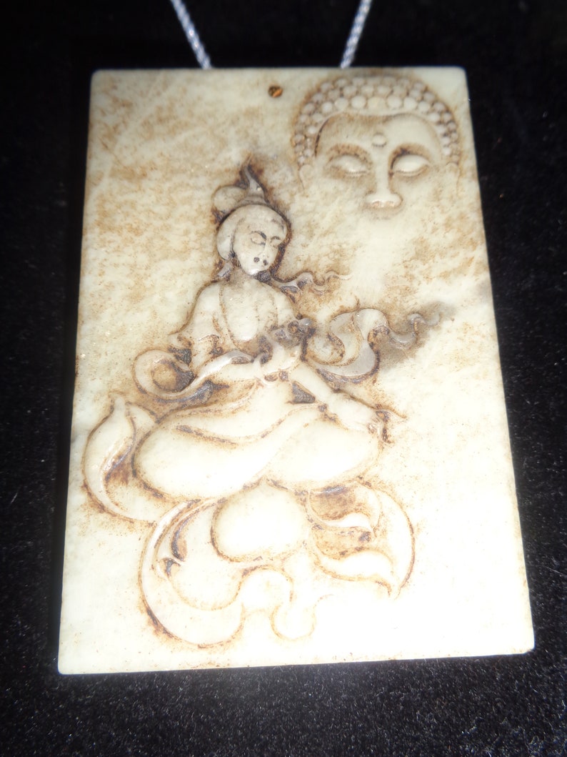 ANTIQUE GUAN YIN Plaque with Spirit of Buddha Ivory Jade image 0