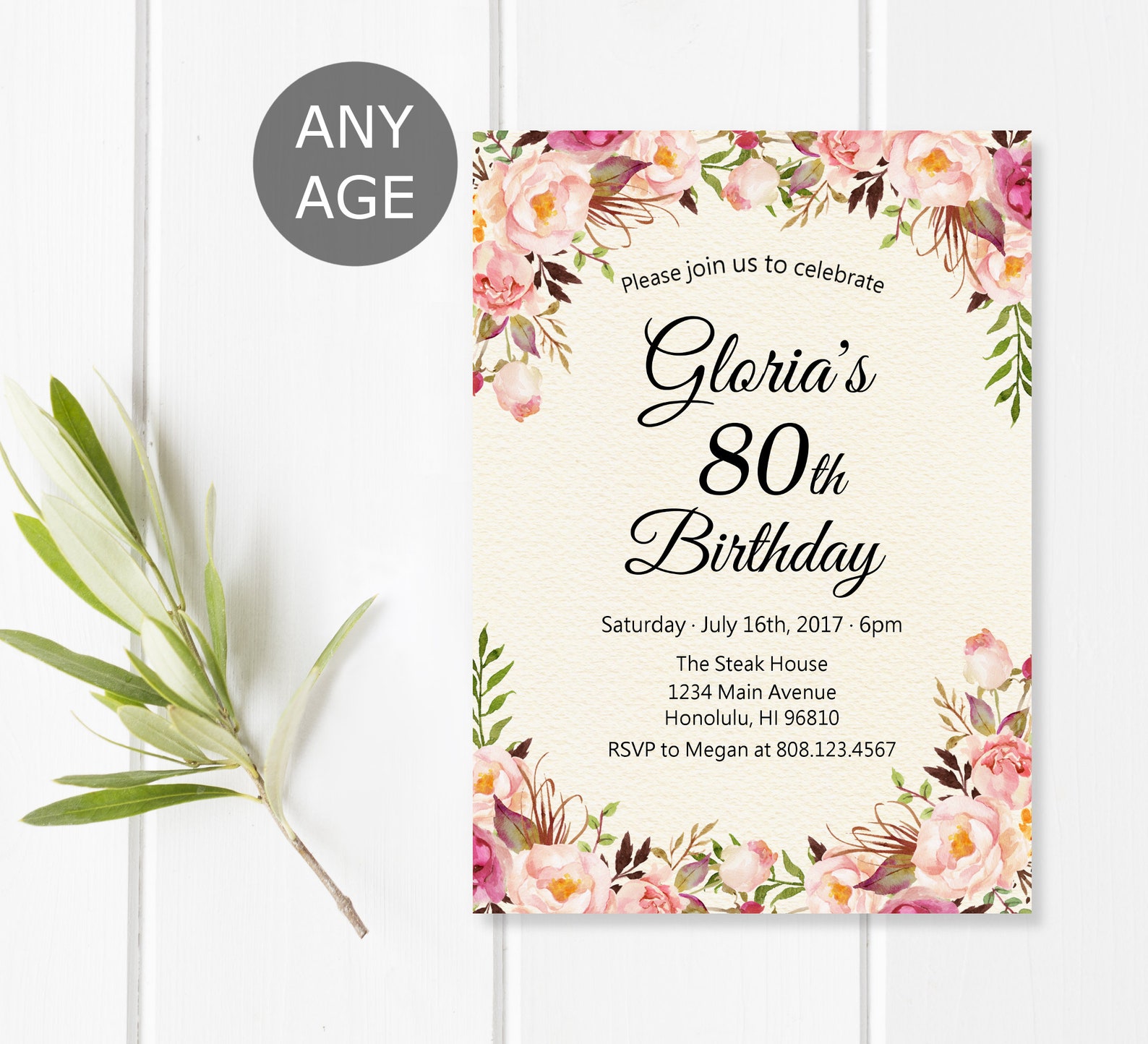 80th Birthday Invitation Women Birthday Invitation Pink Floral | Etsy