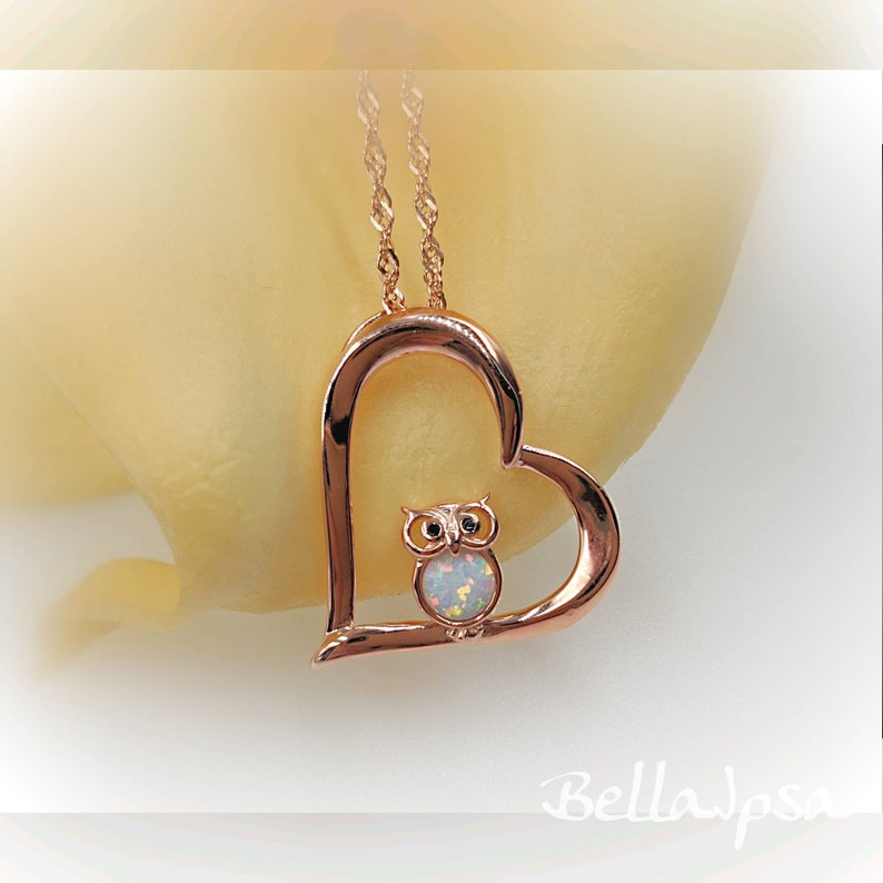 Rose Gold White Opal Owl in Heart Necklace; Rose Gold Opal Owl Charm; 925 Opal Owl Jewelry; White Opal Owl Heart Necklace Infinity Close