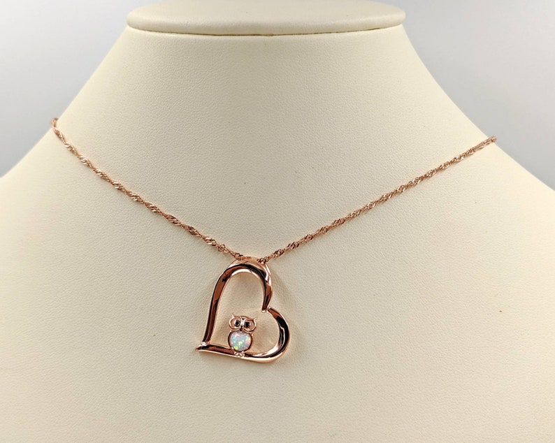 Rose Gold White Opal Owl in Heart Necklace; Rose Gold Opal Owl Charm; 925 Opal Owl Jewelry; White Opal Owl Heart Necklace Infinity Close