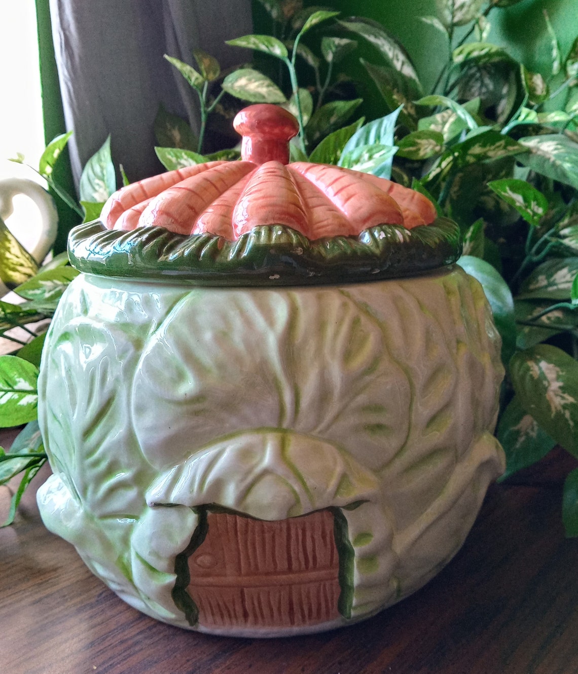 Majolica Cabbage Leaf Cookie Jar Pottery Lettuce Cookie Jar Etsy