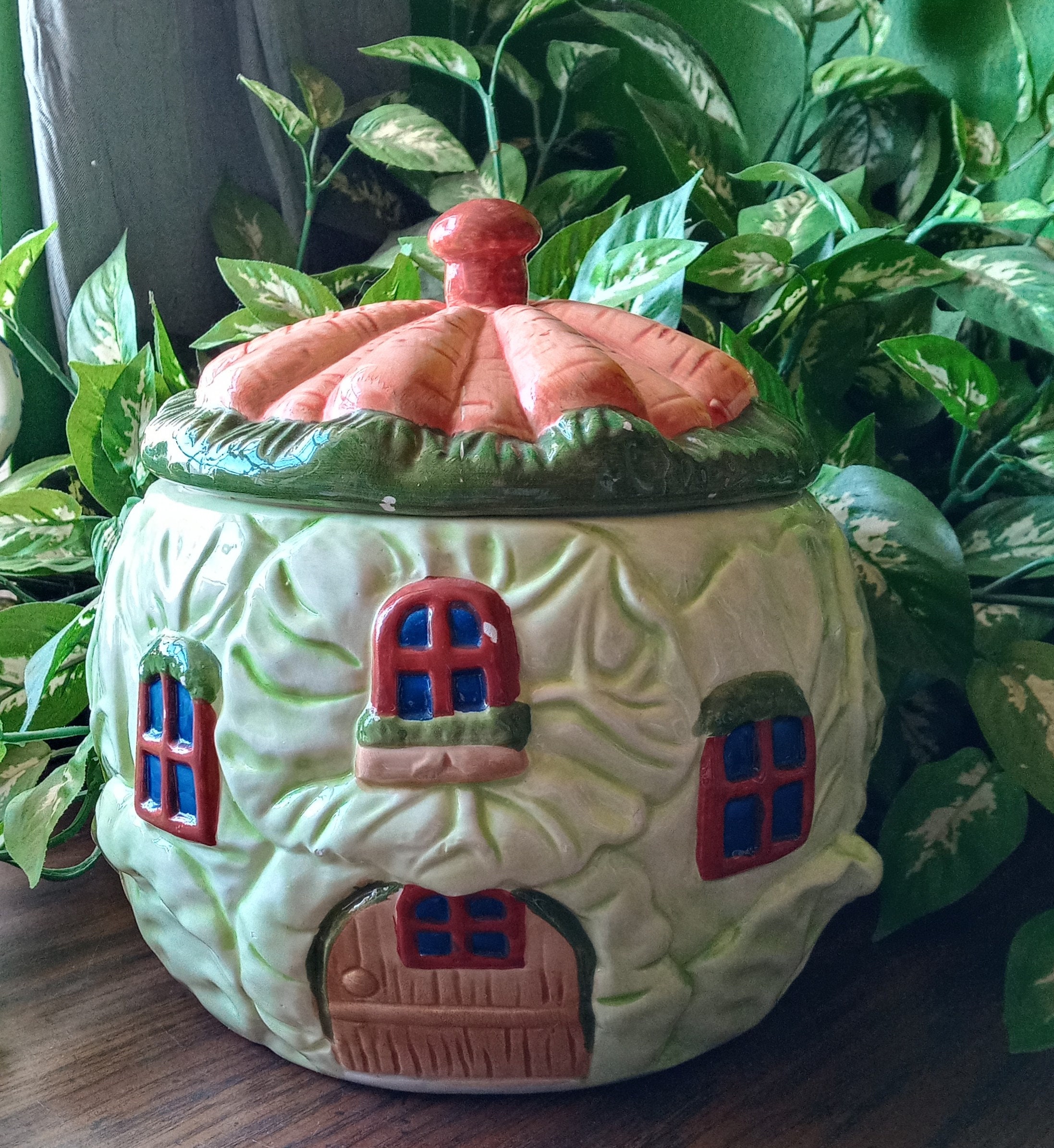 Majolica Cabbage Leaf Cookie Jar Pottery Lettuce Cookie Jar Etsy