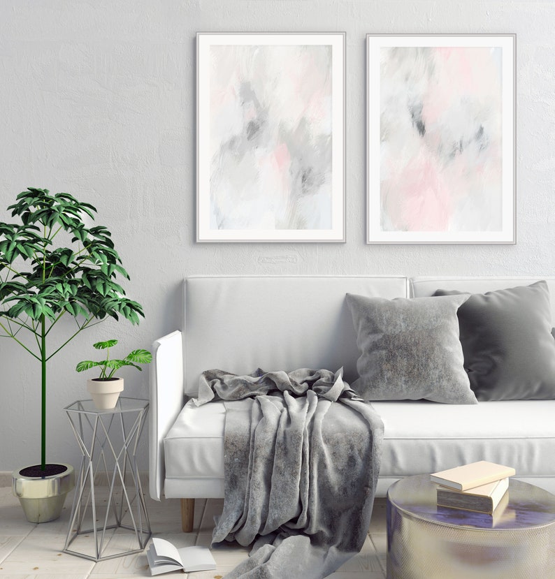 Large Abstract Art Pink Grey Wall Art Set Of 2 Art Prints | Etsy