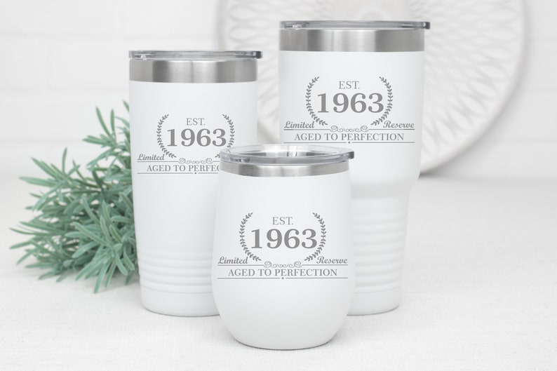 1963 Birthday Gift Stemless Wine Tumbler Birthday Gift for Her Est 1963 Travel Tumbler Coffee Mug Gift for Guy Birthday Gift for Women
