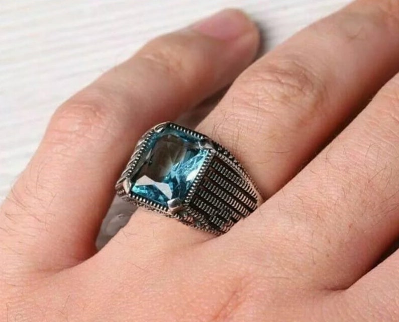 Solitaire Blue Emerald Cut Diamond Ring Wedding Groom/'s Diamond Ring Men/'s Diamond Ring Bezel Set Diamond Ring Men/'s Antique Jewelry