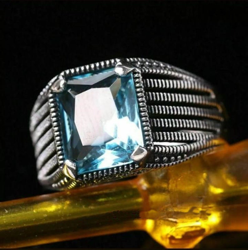 Solitaire Blue Emerald Cut Diamond Ring Wedding Groom/'s Diamond Ring Men/'s Diamond Ring Bezel Set Diamond Ring Men/'s Antique Jewelry