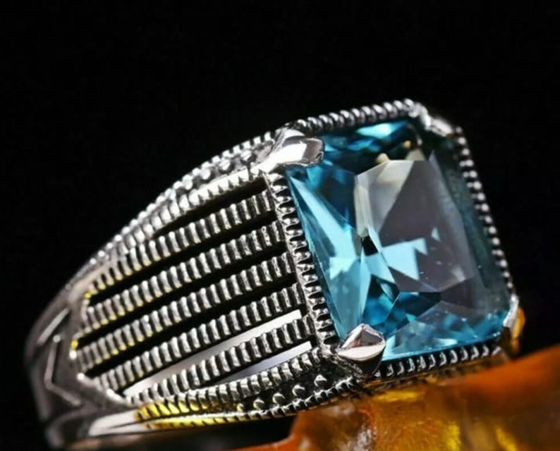 Solitaire Blue Emerald Cut Diamond Ring Wedding Groom/'s Diamond Ring Men/'s Diamond Ring Bezel Set Diamond Ring Men/'s Antique Jewelry