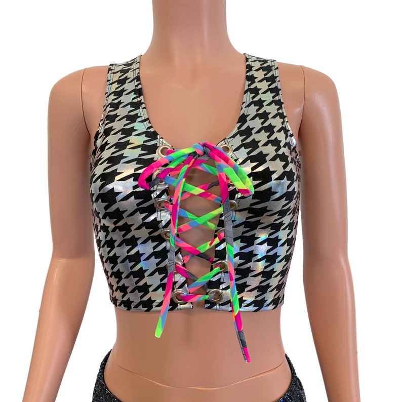 Lace-Up Crop Top *Houndstooth Holo /& Neon* Corset Top Festival Outfit Rave Crop Top