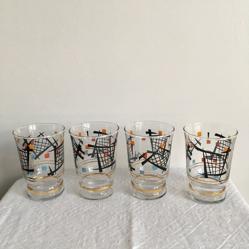 4 Rare 70s Vintage Drink Glasses With Midcentury Design Motifs Etsy