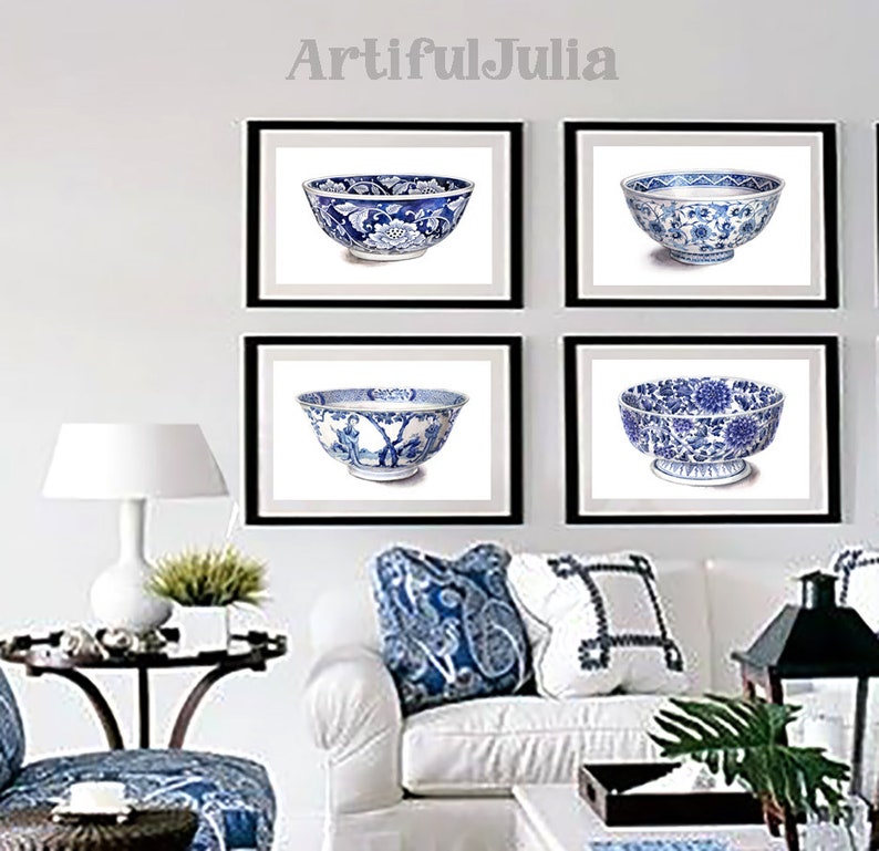 Blue and white bowls of my original watercolor art Etsy