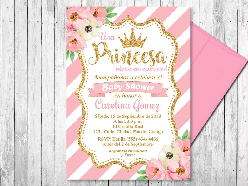 SPANISH Princess Baby Shower Invitation Girl Pink and Gold Etsy