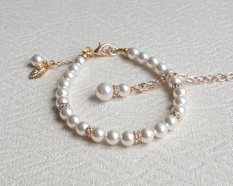L Gold Bridesmaid Jewelry Set Pearl Necklace Earrings Bracelet Initial Leaf Personalized Gift Gold Wedding Light Rose KC Gold Jewelry