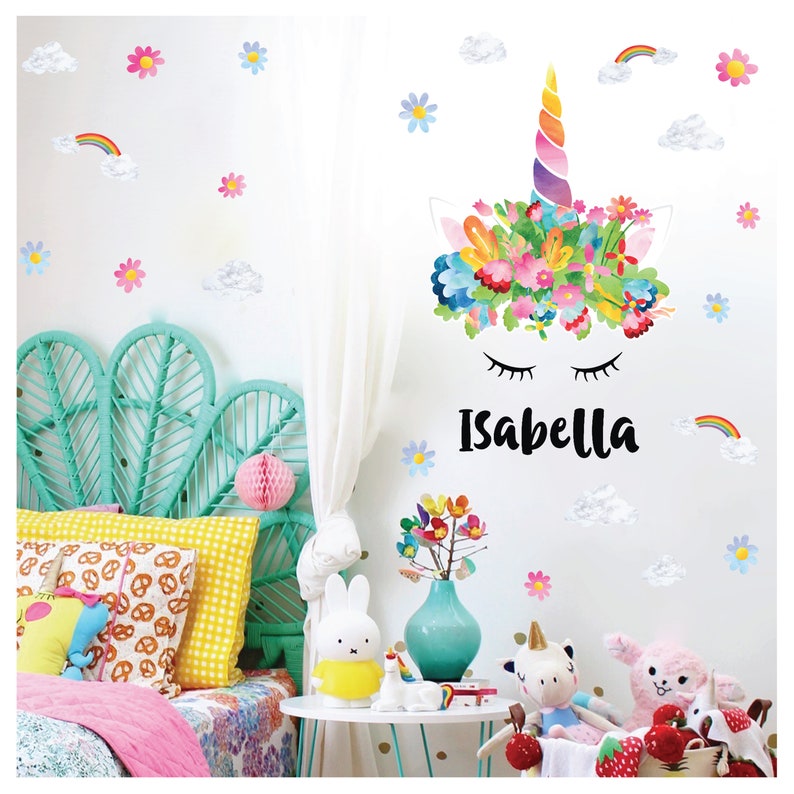 Regenboog Unicorn muur Sticker met wolken &amp; bloemen Etsy