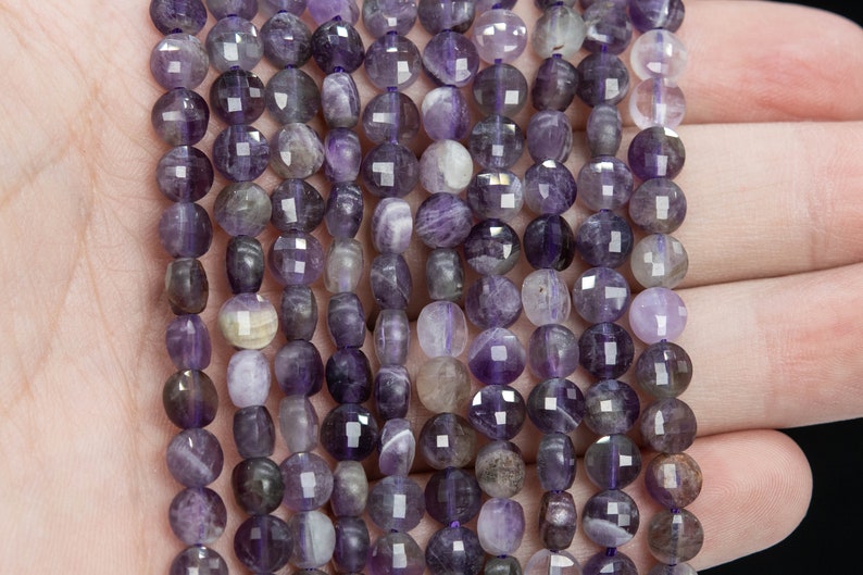 111649 70 35 Pcs 5-6MM Amethyst Beads Grade A Genuine Natural Faceted Flat Round Button Gemstone Loose Beads
