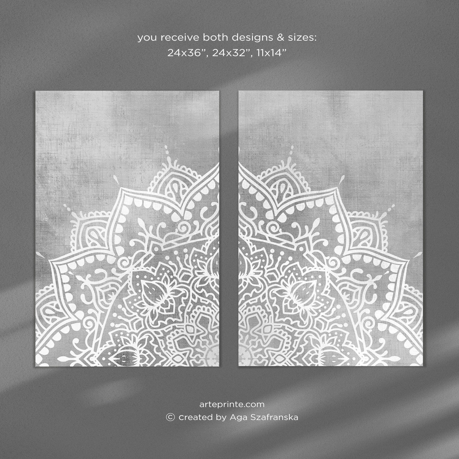 Gris imprimible Mandala pared arte conjunto de 2 impresiones | Etsy