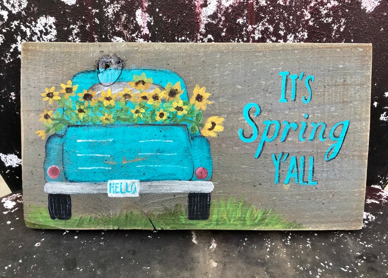 Hand painted old pickup truck with sunflowers rustic wood | Etsy