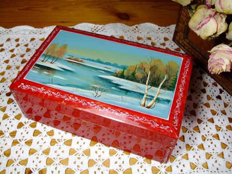 Vintage Soviet hand-painted jewelry box Russian wooden casket box Nacreous Rich red color Casket Russian spring landscape Trinkets box 1960s