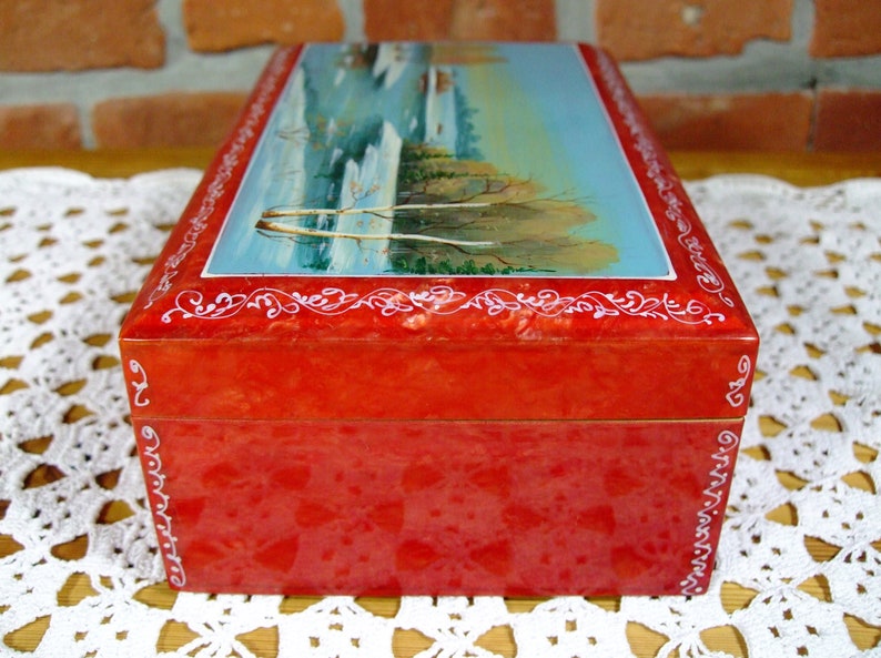 Vintage Soviet hand-painted jewelry box Russian wooden casket box Nacreous Rich red color Casket Russian spring landscape Trinkets box 1960s