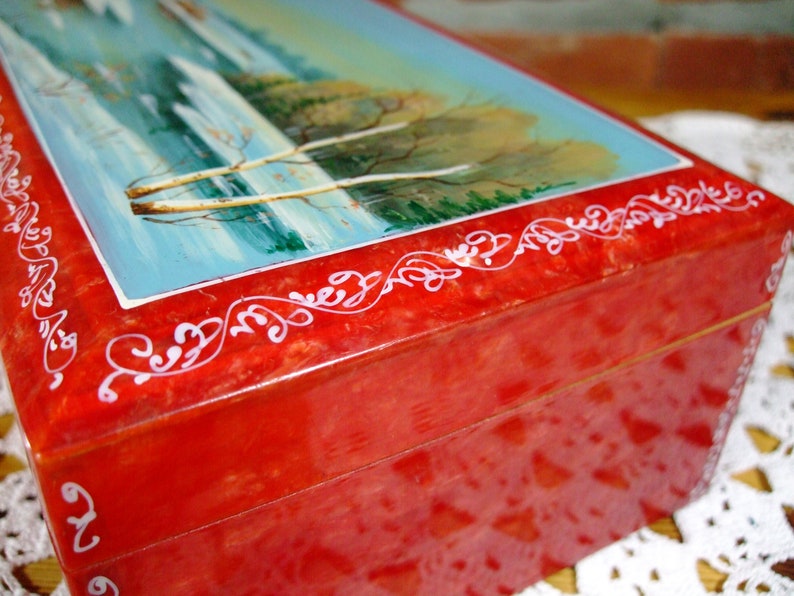 Vintage Soviet hand-painted jewelry box Russian wooden casket box Nacreous Rich red color Casket Russian spring landscape Trinkets box 1960s
