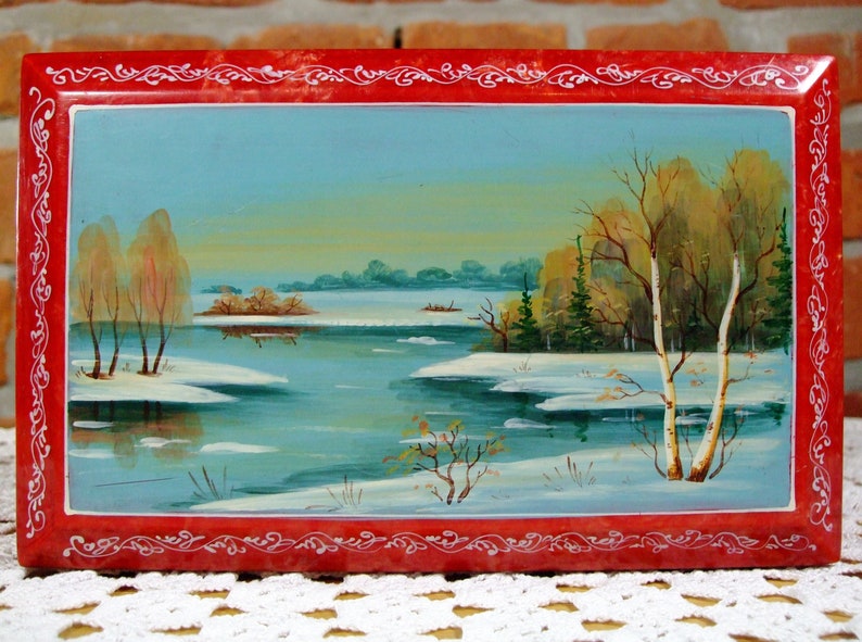 Vintage Soviet hand-painted jewelry box Russian wooden casket box Nacreous Rich red color Casket Russian spring landscape Trinkets box 1960s