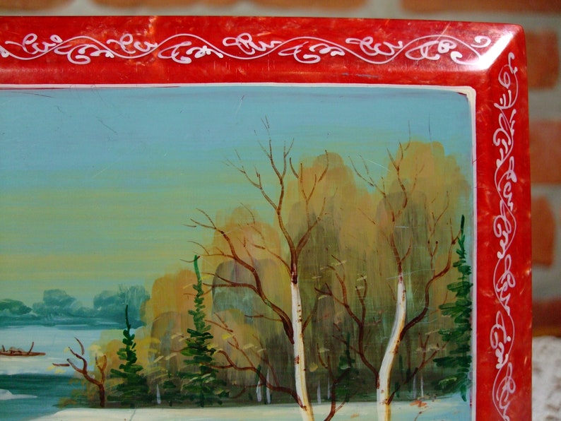 Vintage Soviet hand-painted jewelry box Russian wooden casket box Nacreous Rich red color Casket Russian spring landscape Trinkets box 1960s