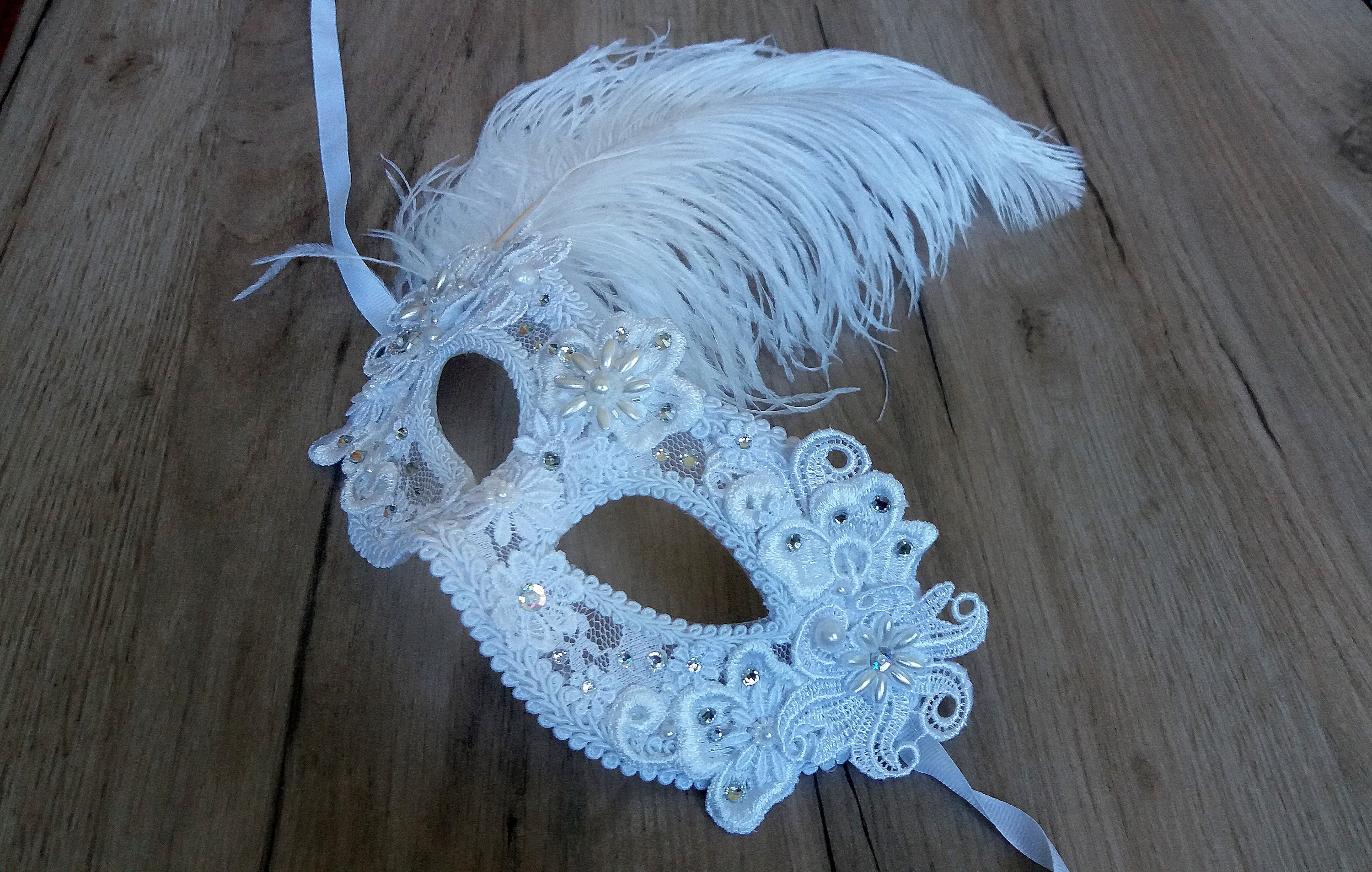 White Masquerade Mask with Feather Carnival Mask for Women | Etsy
