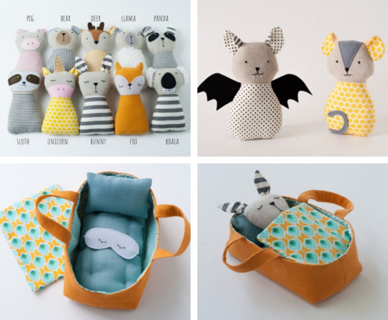 PDF animals sewing pattern stuffed toy tutorial Sleeping Basket for dolls Bedding set Play Set Doll carrier Travel Bed beginner sewing toys
