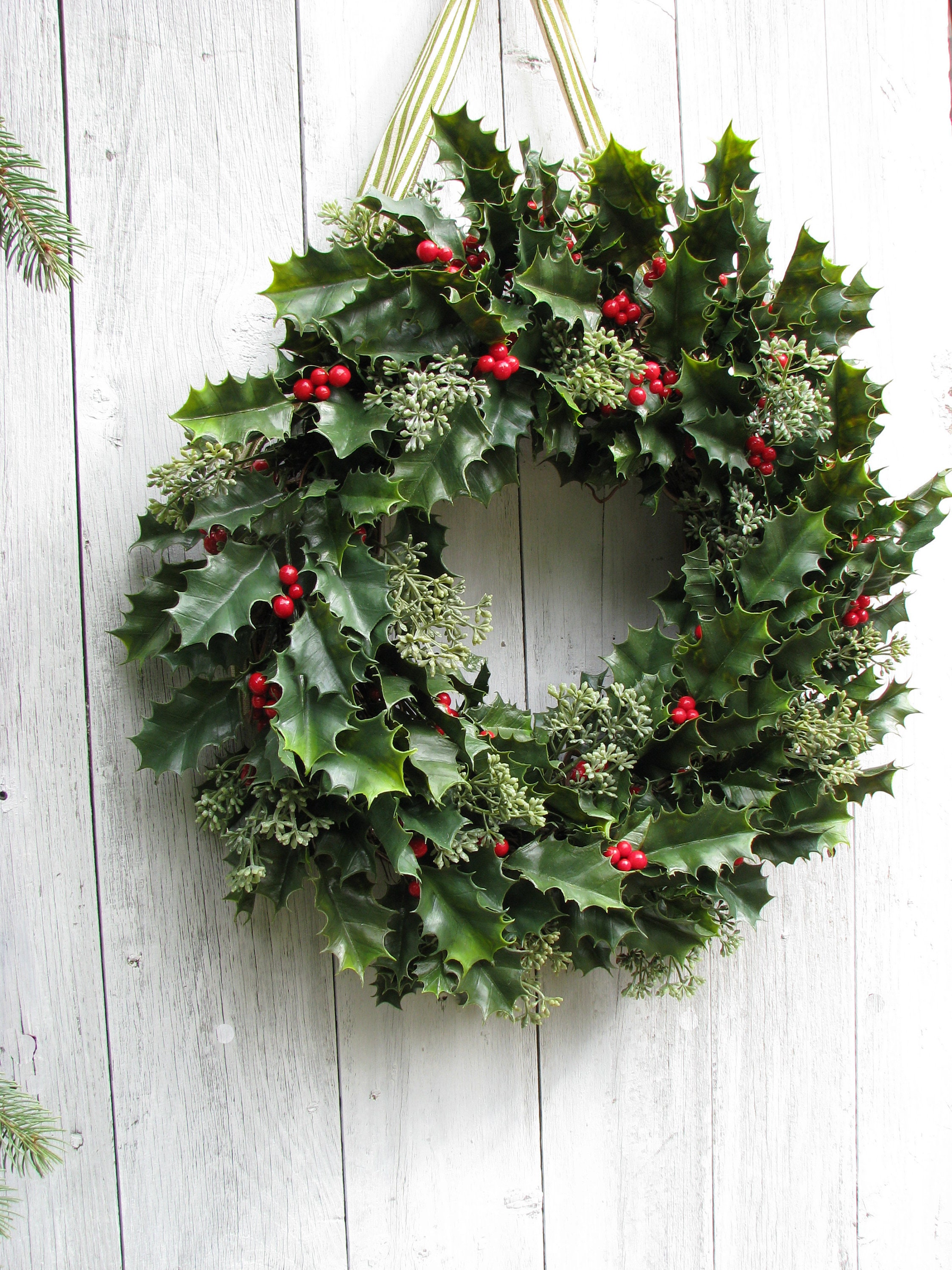 Holly Wreath Christmas Wreaths for Front Door Holiday Decor Etsy