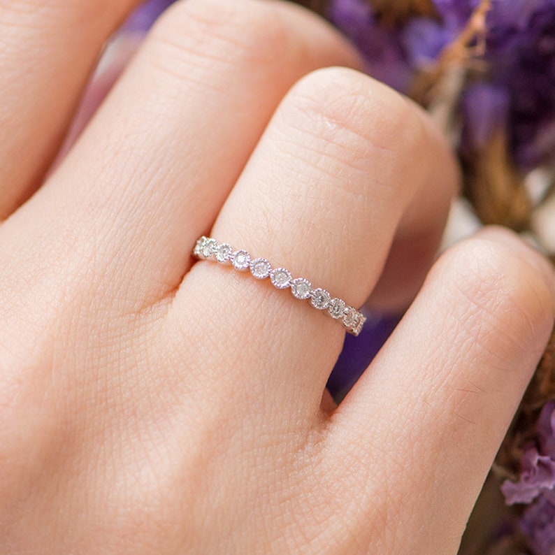 White Gold Wedding Band Women Diamond Bezel Set Dainty Ring Etsy