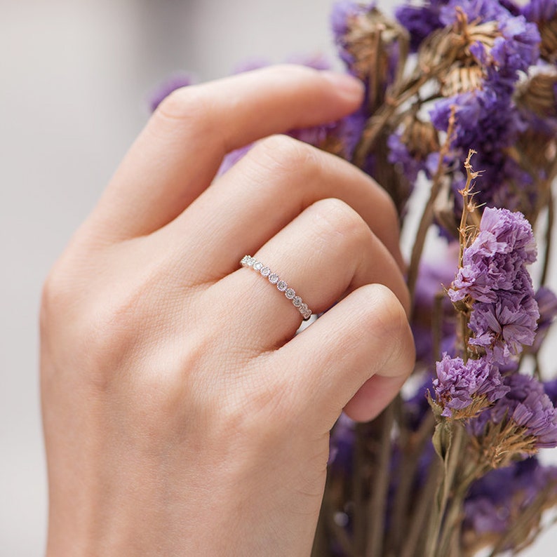 White Gold Wedding Band Women Diamond Bezel Set Dainty Ring Etsy