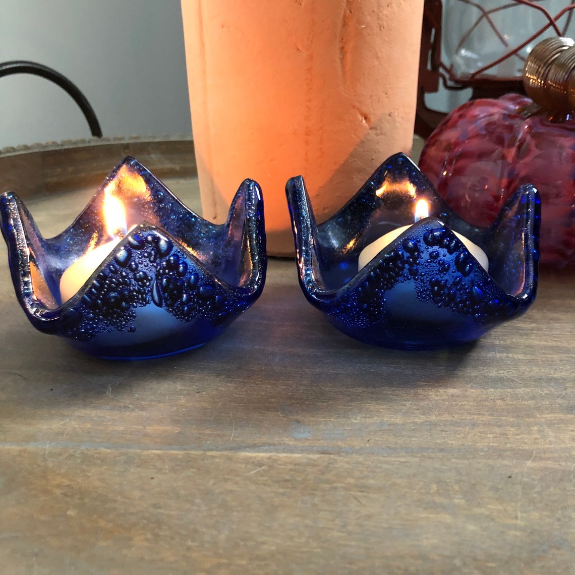 Tea Light Holders Fused Glass with Bubbles pair Etsy