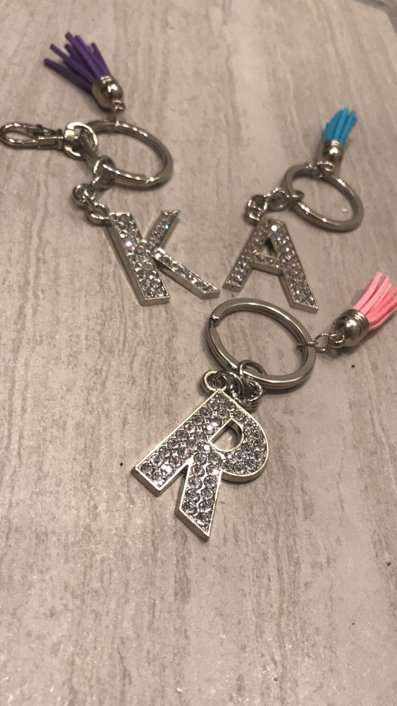 Rhinestone Letter Keychain with Tassel / Initial Keychain / Etsy