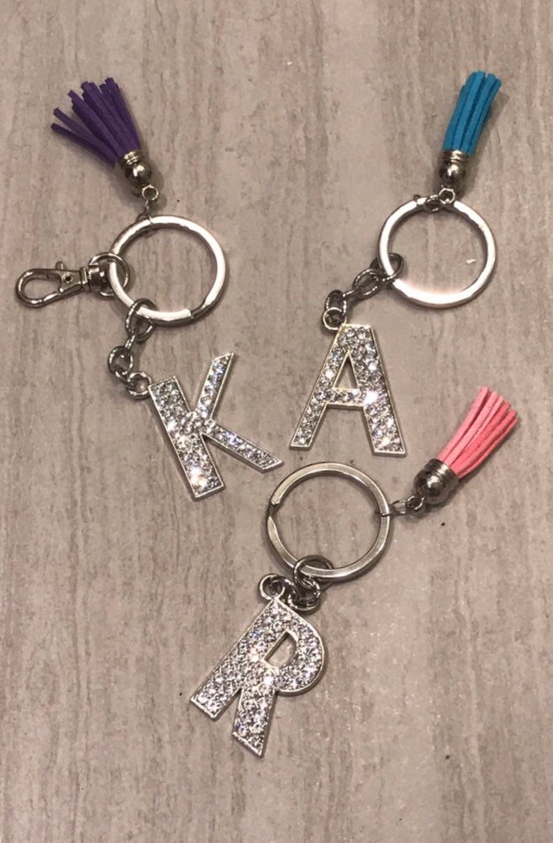 Rhinestone Letter Keychain with Tassel / Initial Keychain / Etsy