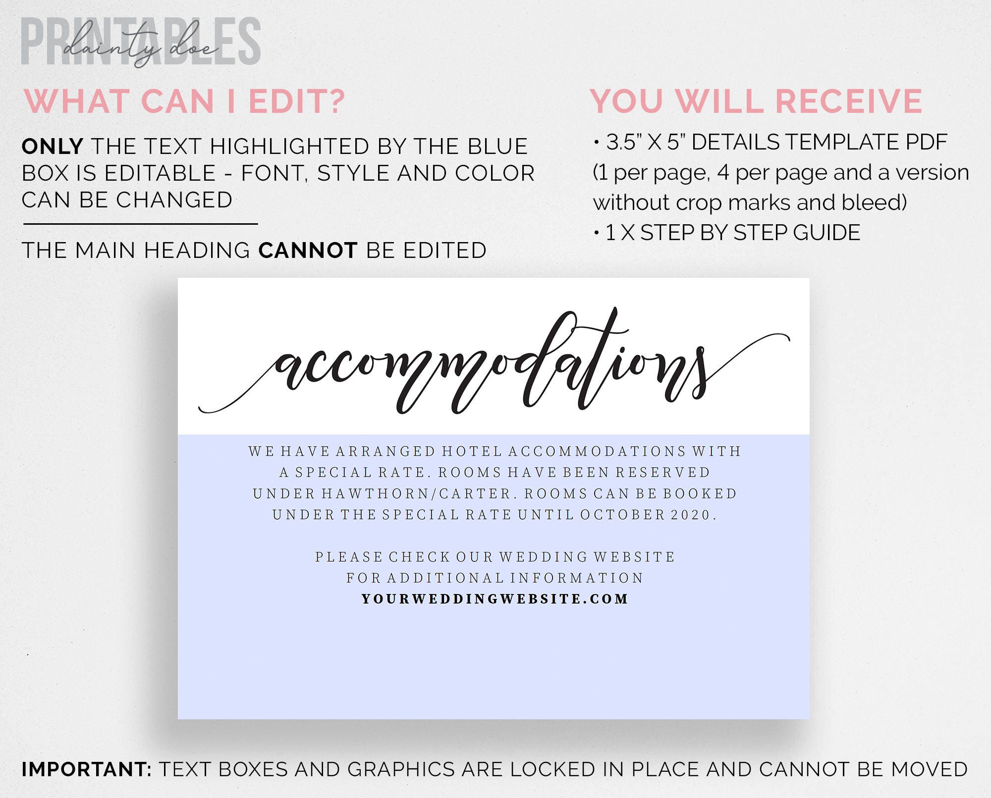 Printable Wedding Accommodations Card Wedding Details Card 