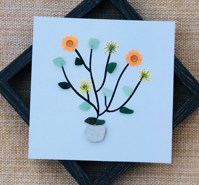 Colorful sea glass flower with pressed flowers unframed or framed 8 by 8