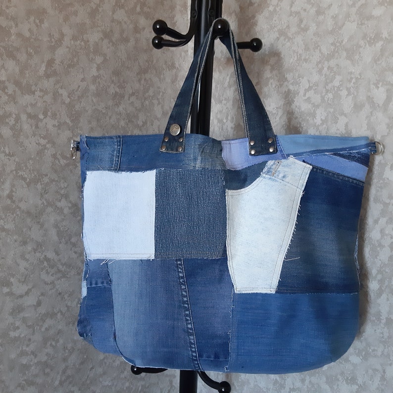 Extra large denim bag Jean tote bag Blue patchwork market bag | Etsy