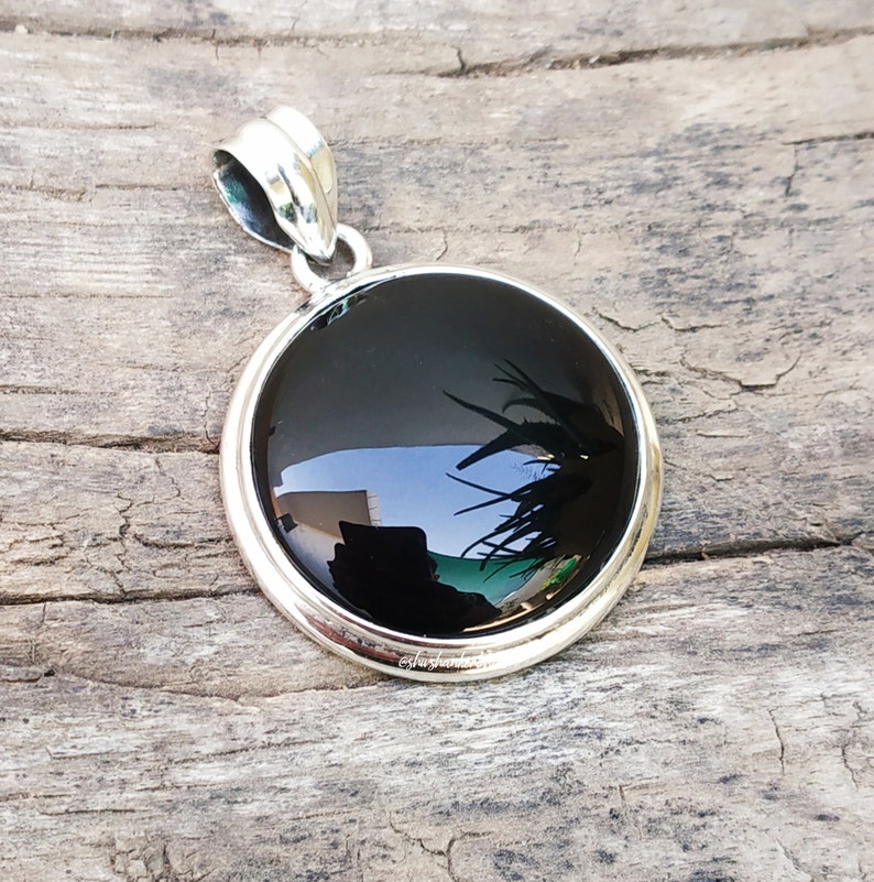 Artisan Jewelry Black Onyx Jewelry Black Onyx Pendant Round stone pendant 92.5/% silver pendant Statement Pendant December Birthstone