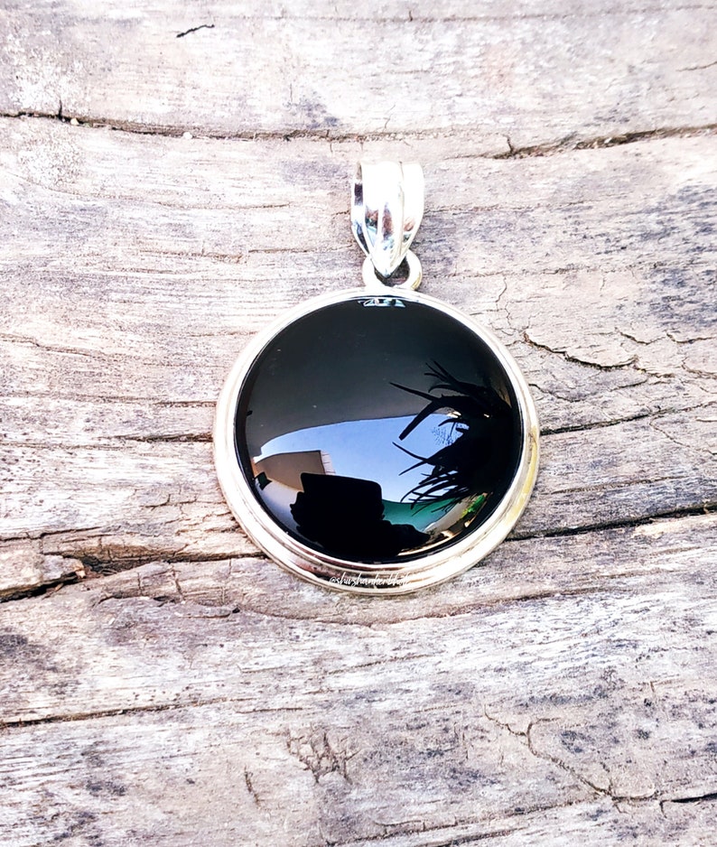 Artisan Jewelry Black Onyx Jewelry Black Onyx Pendant Round stone pendant 92.5/% silver pendant Statement Pendant December Birthstone